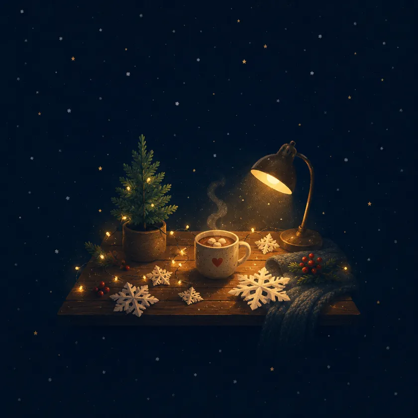 Storybook illustration of a cosy wooden desk at night with a mug of hot chocolate, a string of fairy lights, a tiny potted spruce, paper snowflakes, and a knitted blanket under a warm lamp.