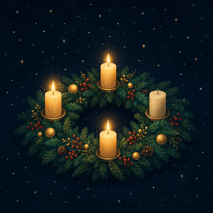 Storybook illustration of an Advent wreath of pine branches with four candles, three of them lit, decorated with gold baubles, pine cones, and red berries.