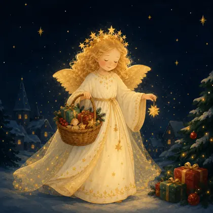 Storybook illustration of the Christkind in a snowy Christmas scene.