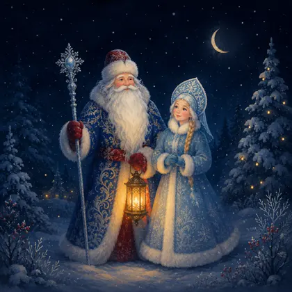 Storybook illustration of Ded Moroz with Snegurochka in the snow.