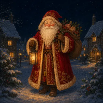 Storybook illustration of Father Christmas carrying gifts through a snowy village.