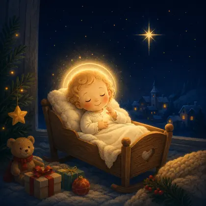 Storybook illustration of Ježíšek as a gentle Christmas gift-bringer.