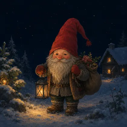 Storybook illustration of Swedish Jultomten in a winter scene.