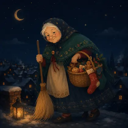Storybook illustration of La Befana with a broom and winter gifts.