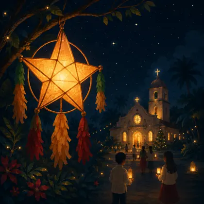 Storybook illustration of a Filipino parol lantern and Simbang Gabi scene.