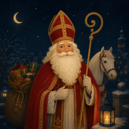 Storybook illustration of Dutch Sinterklaas in winter.
