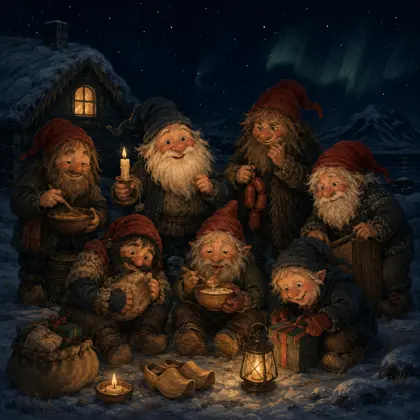 Storybook illustration of Icelandic Yule Lads in a snowy village.