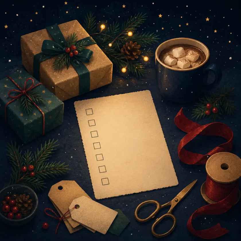 Storybook illustration of a Christmas planning tabletop with wrapped gifts, ribbon, scissors, blank gift tags, cocoa, pine clippings, and a tidy blank checklist.