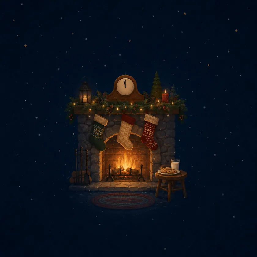 Storybook illustration of a quiet Christmas Eve fireplace with stockings, wrapped gifts, pine garland, glowing candles, and snow falling outside the window.