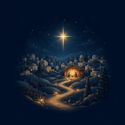Storybook illustration of snowy Bethlehem glowing under a bright Christmas star.