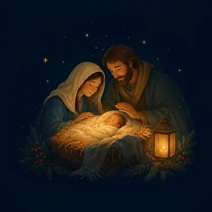 Storybook illustration of Mary and Joseph leaning over the baby Jesus by lantern light.