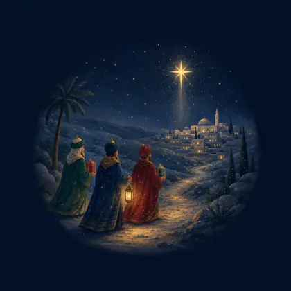 Storybook illustration of the Magi travelling toward Bethlehem beneath a golden star.