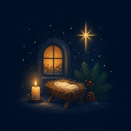 Storybook illustration of an empty manger beneath a star beside a candle and pine branches.