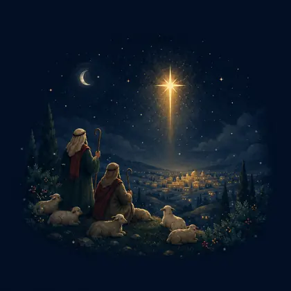 Storybook illustration of shepherds watching sheep under a bright star near Bethlehem.
