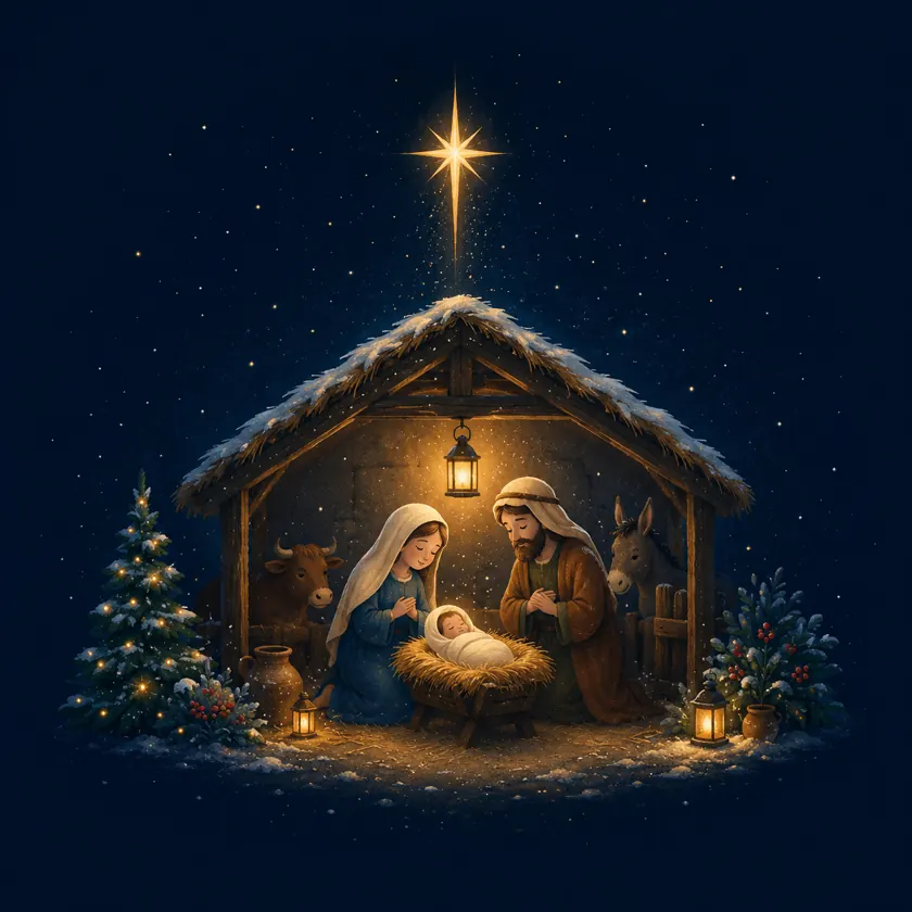 Storybook illustration of Mary and Joseph beside the baby Jesus in a glowing stable under a bright star on Christmas night.
