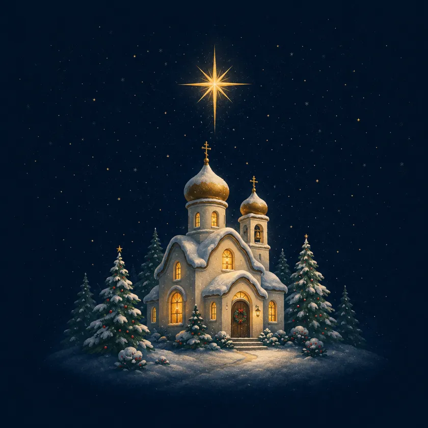 Storybook illustration of a snow-covered Orthodox church with golden onion domes, surrounded by pine trees beneath a large eight-pointed star in the night sky.