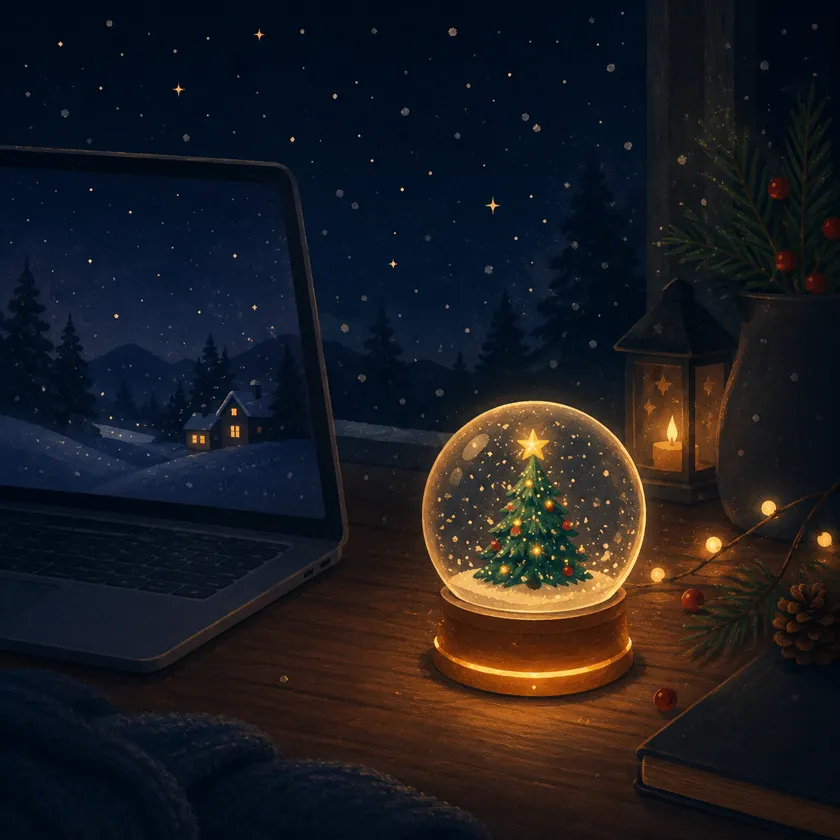Storybook illustration of a laptop beside a glowing Christmas tree snow globe, a lantern, fairy lights, pine branches, and a snowy night window.