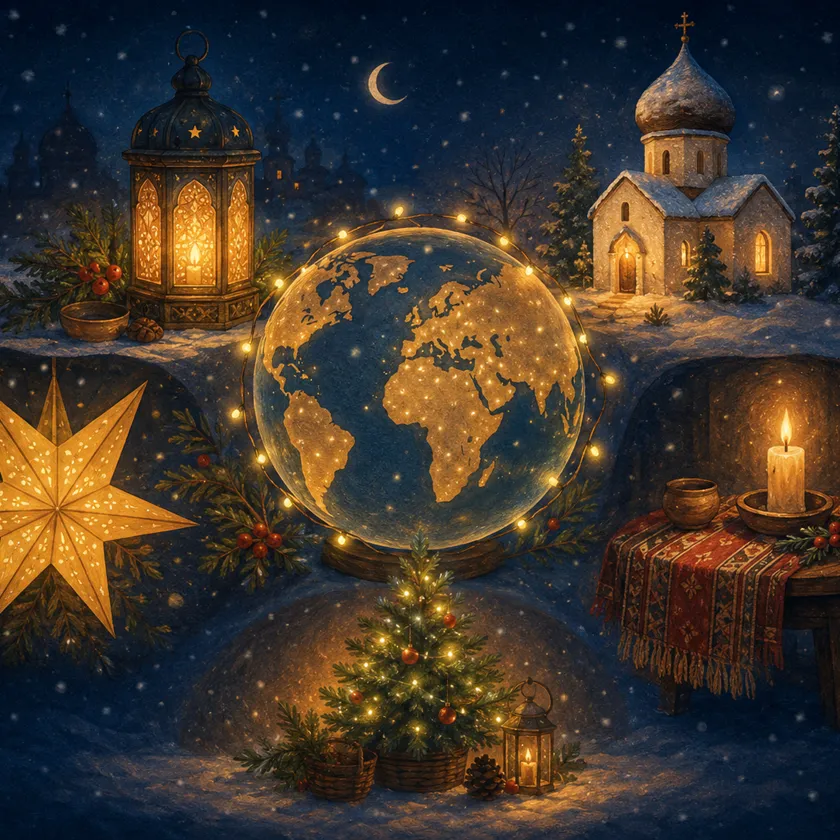 Storybook night illustration: a glowing globe wrapped in fairy lights at the centre, ringed by Christmas scenes from around the world - a snowy Orthodox church, a lit paper star lantern, a decorated tree, a candlelit table with a woven runner, and a hanging lantern.