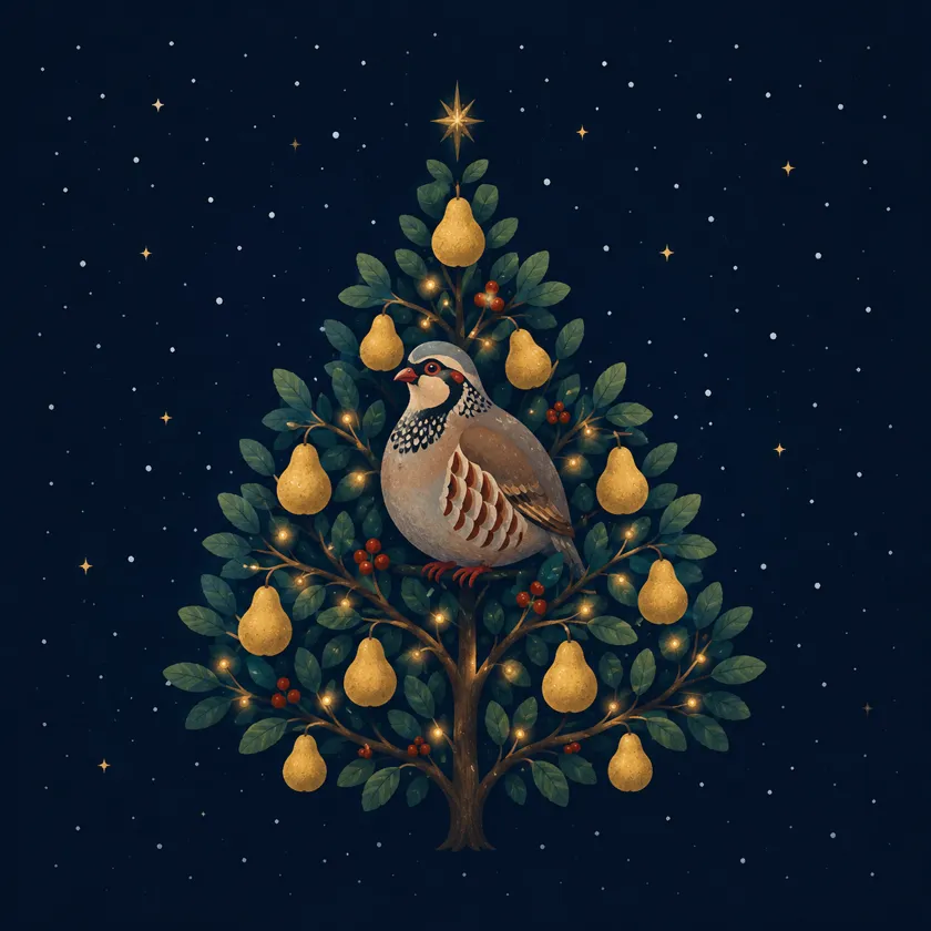 Folk-art illustration of a partridge perched in a pear tree that is decorated like a Christmas tree, with golden pears, fairy lights, and a gold star on top.