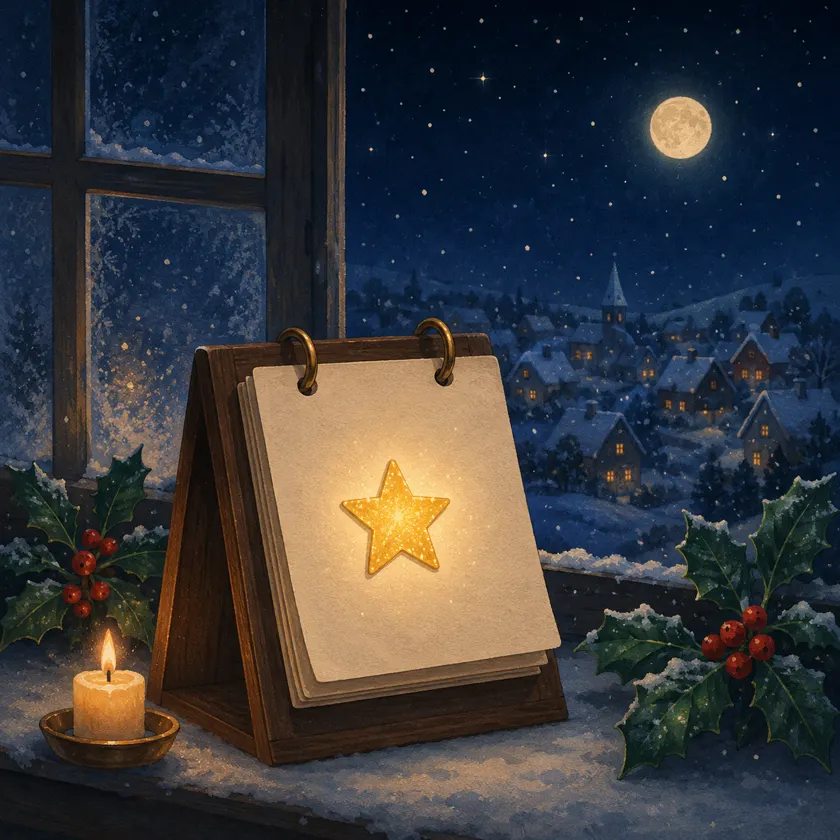 Storybook illustration of a wooden desk calendar on a snowy windowsill, marked only with a glowing gold star beside holly, a candle, and a moonlit village outside.