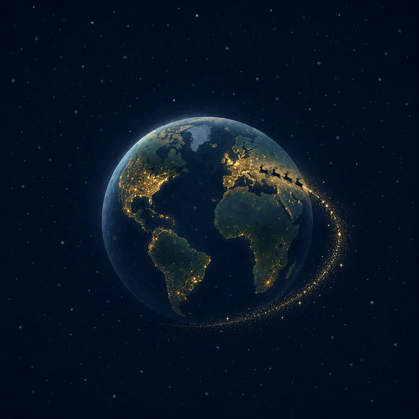 Illustration of Earth at night seen from space, its continents glowing with city lights while Santa's sleigh circles the globe leaving a golden trail of stardust.
